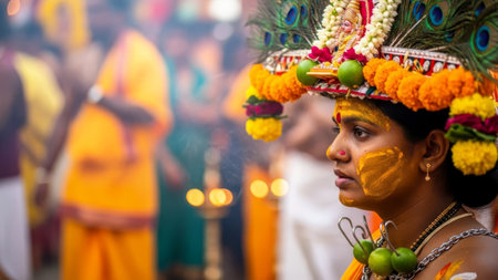 Thaipusam devotee with traditional yellow face paint, decorated kavadi headdress and ritual hooks during Hindu festival.の素材
