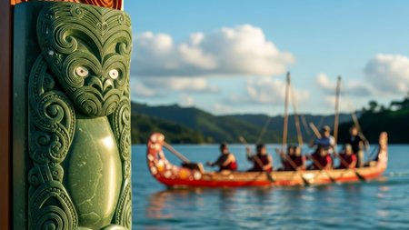 Waitangi Day celebration with traditional Maori waka canoe on water and greenstone carving detail in New Zealand.の素材