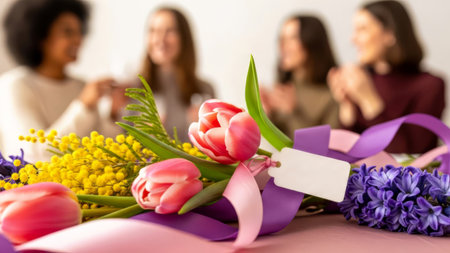 Spring flower bouquet with tulips and mimosa for International Women's Day, blank gift tag on a blurred people background.の素材
