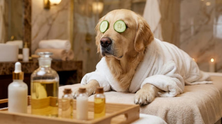 Golden retriever dog relaxing in a white bathrobe with cucumber slices on eyes during a spa treatment.の素材