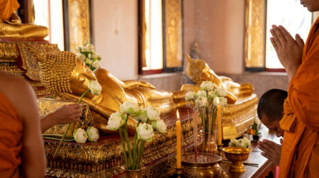 Parinirvana Day celebration with reclining golden Buddha statue, praying monks, lotus flowers and incense in a temple.の素材