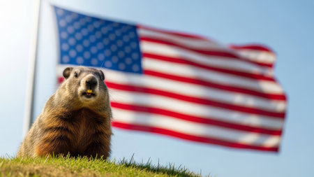 Groundhog Day celebration with woodchuck and blurred American flag. USA winter spring prediction.の素材