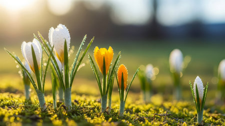 Spring yellow crocuses blooming in green grass. Early spring nature awakening concept.の素材