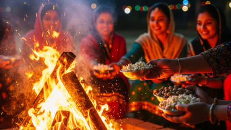 Lohri celebration with bonfire, ethnic attire, food offerings, and festive lights in a joyful atmosphere.の素材