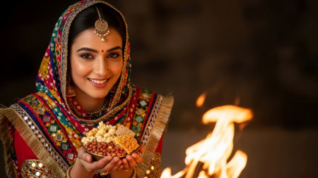 Indian woman holding ritual food by bonfire during Lohri festival. Harvest celebration concept.の素材