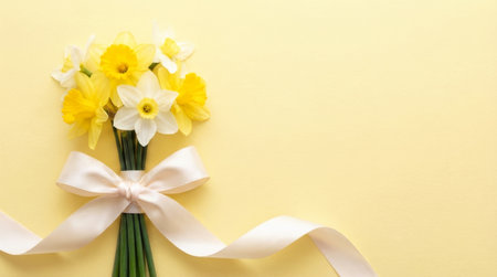Spring bouquet of yellow and white daffodils with a silk ribbon on a light background, greeting card template.の素材