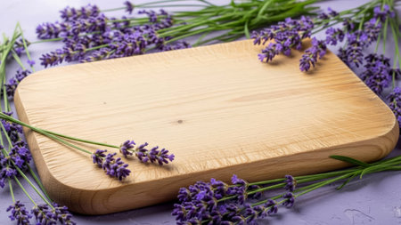 Wooden board mockup with lavender flowers on purple background for product display.の素材