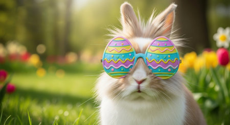 Rabbit in glasses sitting in spring garden with tulips. Humorous Easter greeting card background.の素材
