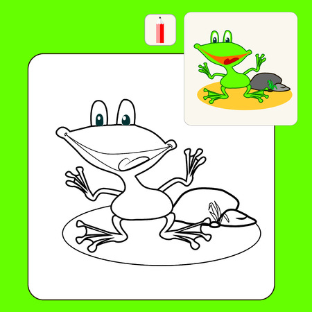 Coloring Book or Page Cartoon Illustration of little frog and stone for Childrenのイラスト素材