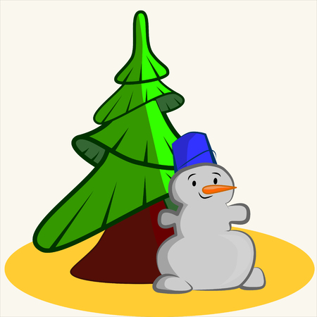 Cartoon Illustration of cute funny snowman with fir treeのイラスト素材