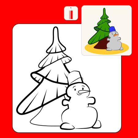 Coloring Book or Page Cartoon Illustration of snowman and fir tree for Children.のイラスト素材