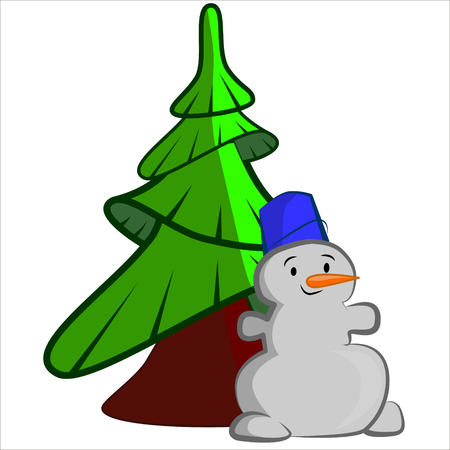 Cartoon Illustration of cute funny snowman with fir tree. Isolated.のイラスト素材