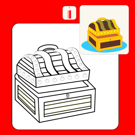 Coloring Book. Coloring book pages with cartoon vector illustration. Kids coloring pages with treasure chest full of gold coins, crystal gems and jewellery. Flat vector illustration and icon.のイラスト素材