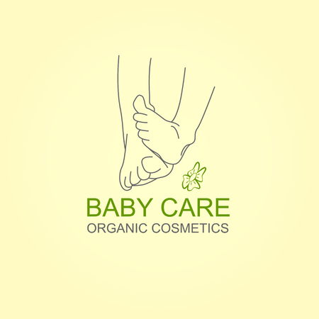 Organic Cosmetics Design element with contoured newborn baby decorated by hand drawn green leaves. Baby care emblemのイラスト素材