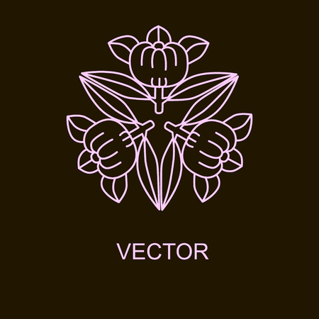 Vector of design templates and emblems in trendy linear style in pink colors on black backgroundのイラスト素材