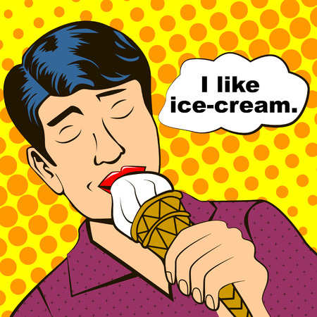 Lunch fast food man eating a ice-cream and shut his eyes. The theme of the i like. I like ice-cream.のイラスト素材
