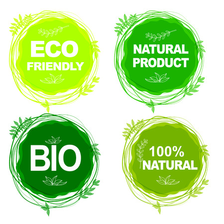 Set of green logo.Leaves, badges,lettering,branches wreath,plants elements,laurels. Hand drawn painting.Sign label,textured emblem set.Eco friendly,natural, product,organic design template.のイラスト素材