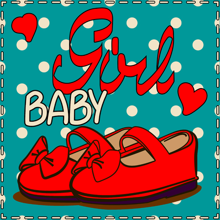 Baby shoes. Baby girl card. Red shoes and red hearts. Vector isolated illustration.のイラスト素材