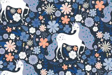 Magic unicorn surrounded by beautiful flowers. Seamless pattern. Illustration for children, for textiles.のイラスト素材