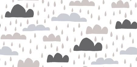 Hand drawn vector seamless pattern illustration of a raining cloud. Scandinavian style flat design for kids. The concept for childrens textile, wrapping, wallpaper, covers.のイラスト素材