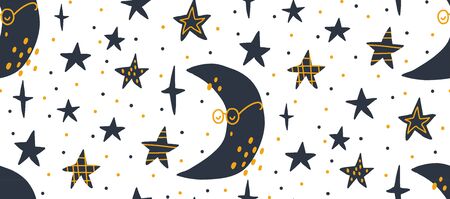 Hand drawn vector seamless pattern illustration of a night starry sky. Scandinavian style flat design for kids. The concept for childrens textile, wrapping, wallpaper, covers.のイラスト素材