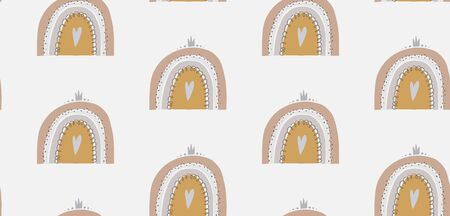Hand drawn vector seamless pattern illustration of a cute rainbow. Scandinavian style flat design for kids. The concept for childrens textiles, wrappings, wallpapers, covers.のイラスト素材