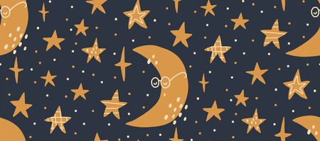 Hand drawn vector seamless pattern illustration of a night starry sky. Scandinavian style flat design for kids. The concept for childrens textile, wrapping, wallpaper, covers.のイラスト素材