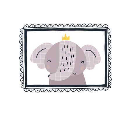 Baby print with a cute elephant in the frame.Hand drawn vector illustration in Scandinavian style design for kids. The concept for childrens textiles, postcards, baby shower, babywear, nursery.のイラスト素材