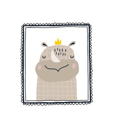 Baby print with a cute rhinoceros in the frame.Hand drawn vector illustration in Scandinavian style design for kids. The concept for childrens textiles, postcards, baby shower, babywear, nursery.のイラスト素材