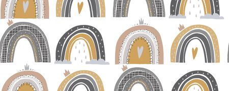 Hand drawn vector seamless pattern illustration of a cute rainbow. Scandinavian style flat design for kids. The concept for childrens textiles, wrappings, wallpapers, covers.のイラスト素材
