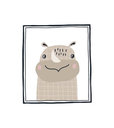 Baby print with a cute rhinoceros in the frame.Hand drawn vector illustration in Scandinavian style design for kids. The concept for children's textiles, postcards, baby shower, babywear, nursery.のイラスト素材