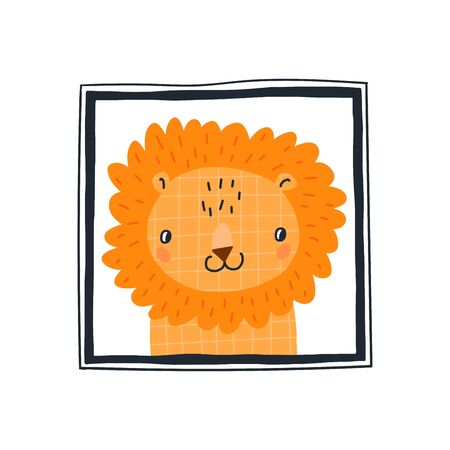 Baby print with a cute lion in the frame.Hand drawn vector illustration in Scandinavian style design for kids. The concept for childrens textiles, postcards, baby shower, babywear, nursery.のイラスト素材