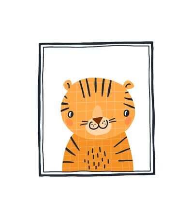 Baby print with a cute tiger in the frame.Hand drawn vector illustration in Scandinavian style design for kids. The concept for childrens textiles, postcards, baby shower, babywear, nursery.のイラスト素材