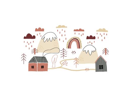 Vector illustration with houses, mountains, trees, clouds, rain, and rainbow. Hand drawn in Scandinavian style design for kids. The concept for textiles, postcards, baby shower, babywear, nursery.のイラスト素材