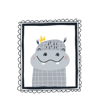 Baby print with a cute hippopotamus in the frame.Hand drawn vector illustration in Scandinavian style design for kids. The concept for childrens textiles, postcards, baby shower, babywear, nursery.のイラスト素材