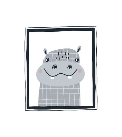 Baby print with a cute hippopotamus in the frame.Hand drawn vector illustration in Scandinavian style design for kids. The concept for childrens textiles, postcards, baby shower, babywear, nursery.のイラスト素材
