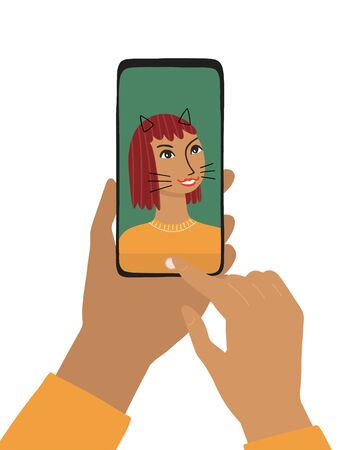 The female hand holds a smartphone. The concept of photography, chat, video call. Woman smiles and takes a selfie, hand clicks on a touch phone. Flat vector illustration isolated on white background.のイラスト素材