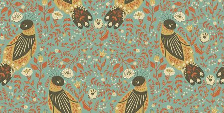 Seamless pattern illustration of a beautiful floral wreath with a cute folk bird. The concept for Wallpaper, cloth design, textile, wrapping, wallpaper, covers.のイラスト素材