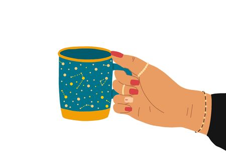 A female hand with a beautiful manicure, jewelry, and a clock holds a cup of tea. Side view. Trendy vector illustration in cartoon style. Flat design.のイラスト素材