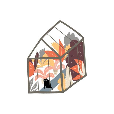Greenhouse with plants and cute cat. Glasshouse concept. Hand drawn vector illustration with a botanical garden. It can be used in postcard, banner, poster, scrapbook, and use in your unique design.のイラスト素材
