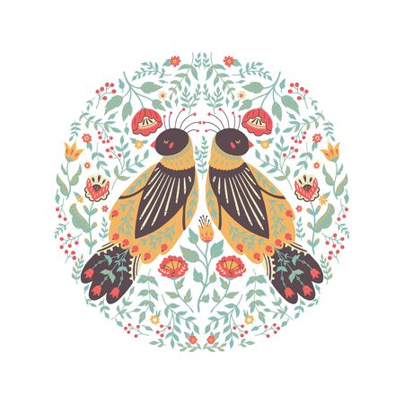 Art vector illustration of a beautiful floral wreath with a cute folk bird. Design can be used for banner, poster, card, invitation, scrapbook, and use in your unique design.のイラスト素材