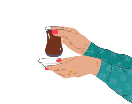 A female hand with a beautiful manicure and jewelry holds a cup of Turkish, Azerbaijani tea. Side view of hands holding armudu. Trendy vector illustration in cartoon style. Flat design.のイラスト素材