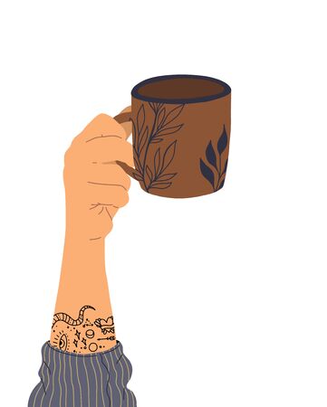 Hand with tattoo holds a cup of tea. Side view. Trendy vector illustration in cartoon style. Hand drawn fat design.のイラスト素材