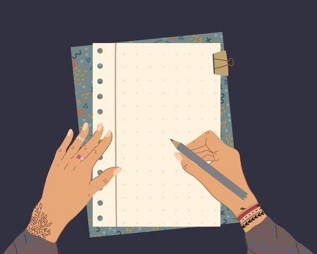 Female hands with tattoo and jewelry hold a pencil, top view with note list. Planning and organization with beautiful notepad. Vector illustration.のイラスト素材