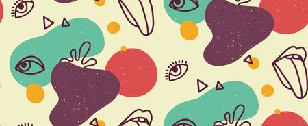 Hand drawn modern illustration with fashionable lips with tongue and eye, various shapes and doodle objects. Abstract modern trendy vector seamless pattern. Retro, pin-up repeating texture.のイラスト素材