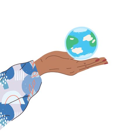 Hand holding the globe Earth. Palm with the world. Eco-friendly, save planet, Earth day concept. Flat style modern vector illustration isolated on white background.のイラスト素材
