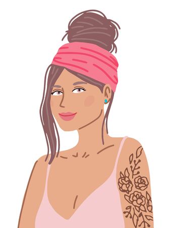 Portrait of a beautiful woman with tattoo. Girl face illustration isolated on white background. Female character flat illustration.のイラスト素材
