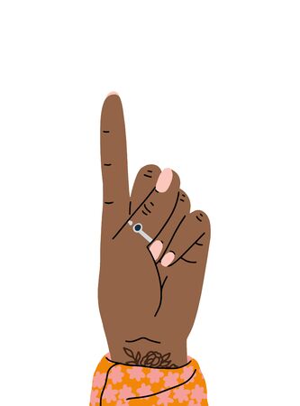 Hand gesture one finger up. Hand showing one finger or counting one. Cartoon style. Flat design illustration isolated on white.のイラスト素材