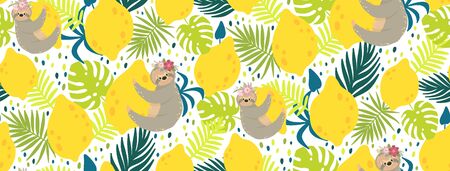 Cute sloths on the yellow lemons surrounded by tropical leaves. Beautiful brunch seamless pattern illustration.のイラスト素材