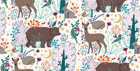 Vector seamless pattern with hand drawn flat funny animals bear, deer, hedgehog, hare, bird, trees. Cute background with forest. Woodland ornament for childrenâs design, print, textile, wallpaper.のイラスト素材